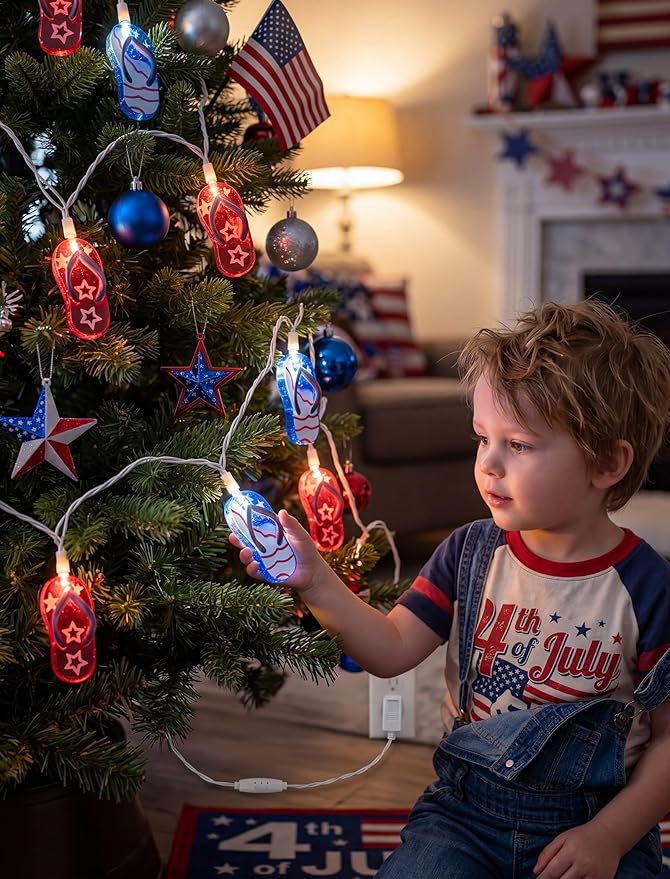 GOOTHY 4th of July Decorations Lights, 8.5Ft 10 Outdoor American Flag Slippers String Lights, Connectable Patriotic Flip Flop Fairy Lights for Outdoor Independence Day Memorial Day Summer Beach Party
