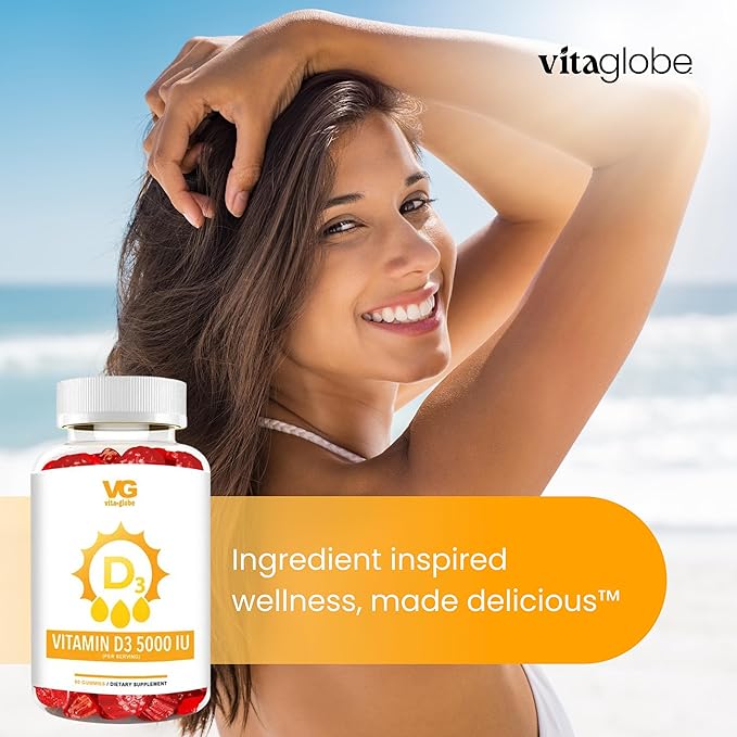 VITA GLOBE Gommes de Vitamine D3 – 10 000 UI (250 mcg) avec Zinc & Échinacée | Soutien Quotidien du Système Immunitaire, des Os, des Dents & des Muscles | Supplément Masticable Non-OGM à Haute Puissance pour Adultes – 60 Gommes (Paquet de 1)