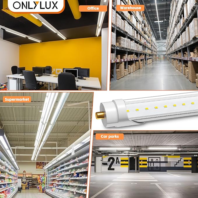 ONLYLUX 8 Foot Led Lights, T8 96" 45Watt FA8 Single Pin LED Shop Lights 5850LM, Ballast Bypass, 6000k, F96 8ft Led Bulbs Fluorescent Replacement,Workshop, Warehouse, Clear Cover(12 Pack)