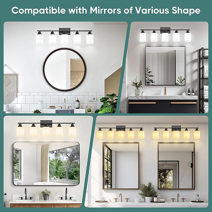 Ascher Bathroom Light Fixtures, 5-Light Vanity Light Over Mirror, Matte Black Wall Sconces with Milky White Frosted Glass Shades, Wall Lamp for Living Room Bedroom, E26 Base(Bulbs Not Included)