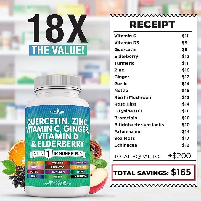 Quercetin Zinc Vitamin C Vitamin D Bromelain Elderberry - Nettle Supplement with Artemisinin, Sea Moss, Echinacea - 60 Count