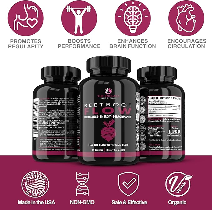 ENCLARE NUTRITION Gélules de poudre de betterave, Betterave 1300mg. Suppléments d'oxyde nitrique pour hommes, soutient la santé intestinale des femmes, l'énergie, le cerveau, la performance athlétique, la santé cardiaque Sans OGM 180 gélules (3)