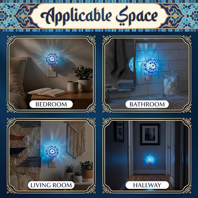 Baquler Turkish Night Light Plug in Wall - Moroccan Stained Glass Globe Lamp Bohemian Bedroom Decor Ambient Warm Light for Living Room Hallway Unique Gift for Women(Blue)