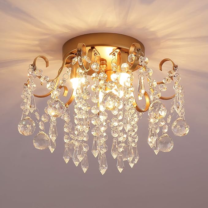 Q&S Small Chandelier,Modern Gold Mini Crystal Chandelier Ceiling Light Fixture for Bedroom,Hallway,Entryway E12 3-Light.
