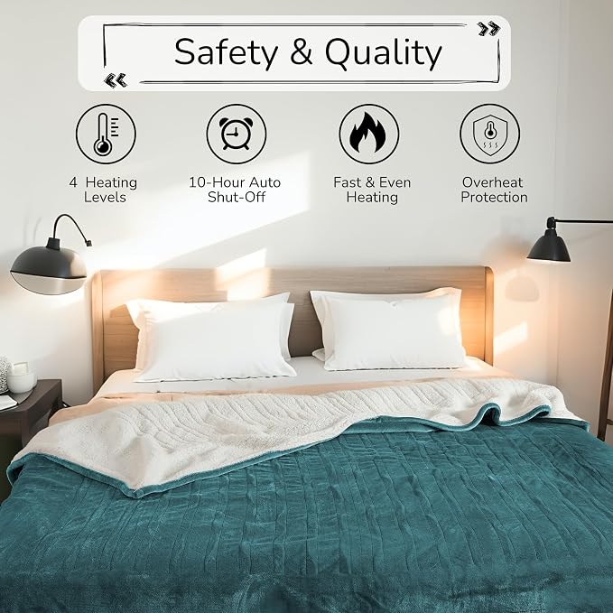 Electric Heated Blanket Queen Size 84"x90" – ETL Certified for Safe Overnight, 4 Heat Settings & 10H Auto Off, Dual-Sided Microplush Sherpa for Home Theater Night, Machine Washable – Teal