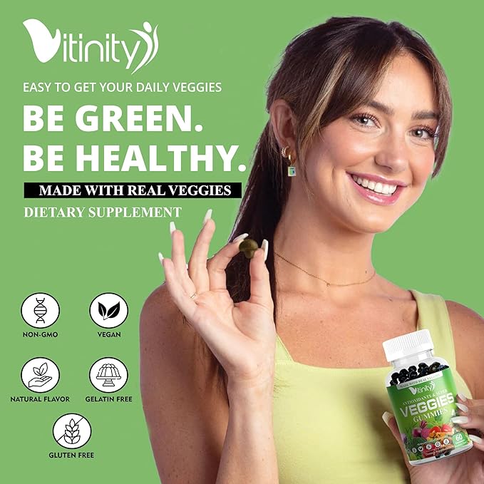 VITINITY Super Greens Multivitamin Gummies | Made with 30 Real Superfood Veggies, Herbs, Fruit for Adults & Kids to Boost Immunity, Skin & Gut Health | Non-GMO, Gluten-Free & Sugar-Free 60-Day Supply