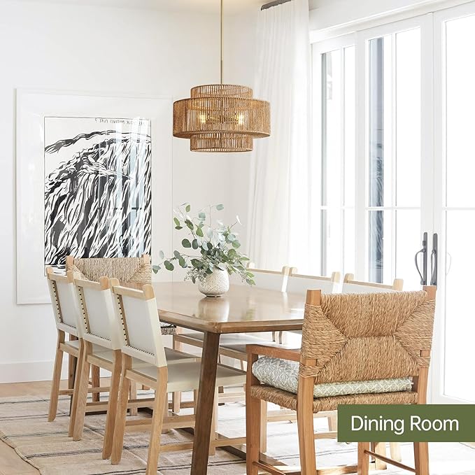 4-Light Boho Rattan Chandelier for Dining Room, 17.7” Hand Woven Farmhouse Pendant Light Fixture, Coastal Wicker Hanging Ceiling Light for Kitchen Island Living Room Bedroom Entryway Foyer
