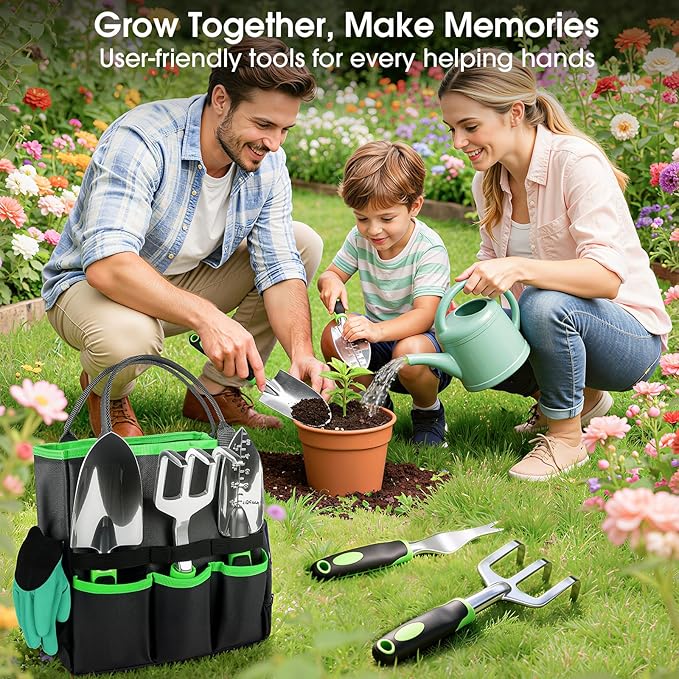 WOWBOX Garden Tools Set - 10 PCS, Heavy Duty Gardening Hand Tools Kit with Storage Tote, Rust-Resistant Gardening Supplies for Planting with Non-Slip Ergonomic Handle for Women and Men (Green)