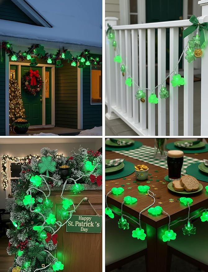 8.5Ft Shamrock String Lights Outdoor, St Patricks Day Decorations Lights with 10 LED Green Clover Lights, Plug in Shamrock Fairy Light for Window Patio Garden Party Irish St. Patricks Day, White Wire