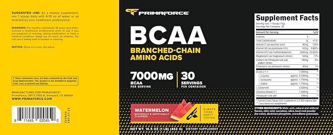 Primaforce BCAA Powder (Watermelon) - 7000MG 2:1:1 BCAAs, 30 Servings, Post-Workout Recovery Drink with Amino Acids and Real Salt for Men & Women