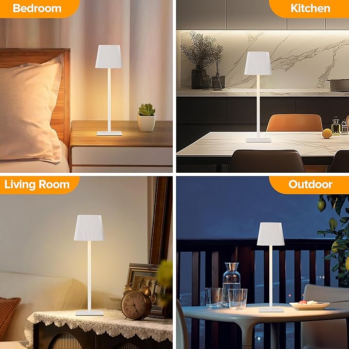 LUTEC 2 Pack Cordless Table Lamp,6000mAh Rechargeable Battery Operated Desk Lamp,Two Adjustable Heights,Waterproof, Touch Control & 3 Color Stepless Dimming for Restaurant/Bedroom/Bars/Outdoor (White)