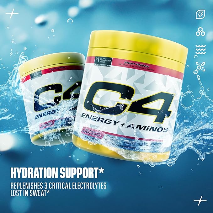 C4 Energy + Aminos Powder, 5g BCAAs & EAAs for Muscle Recovery, 3 Electrolytes for Hydration, 100mg Natural Caffeine, Pre Workout, Zero Sugar, 30 Servings, Fruit Punch