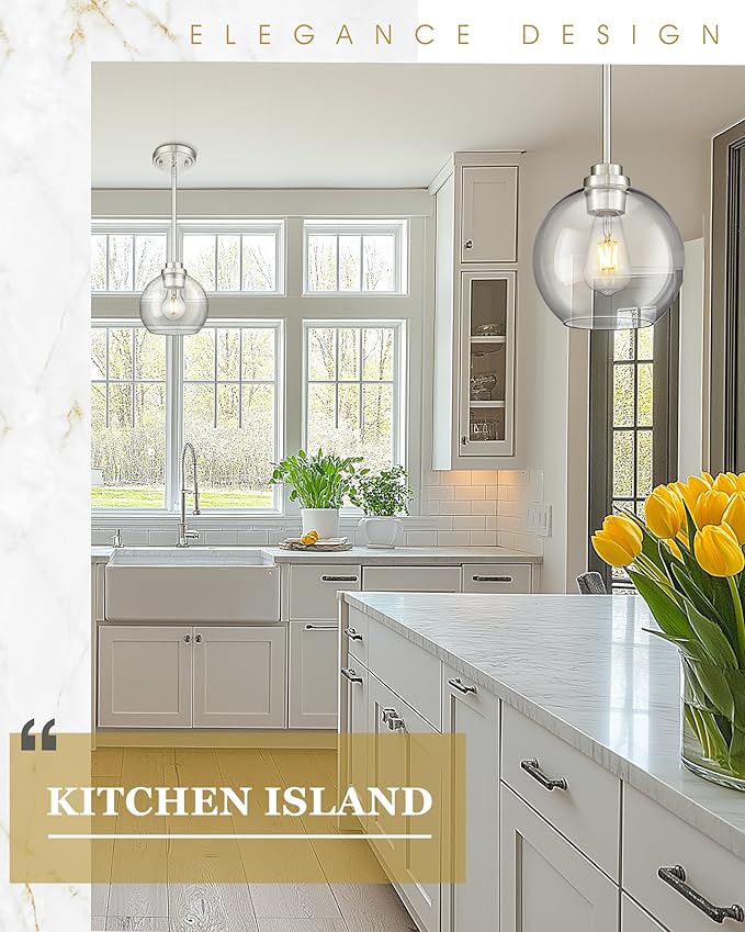 2 Pack Pendant Lights Kitchen Island, 8" Brushed Nickel Pendant Light Fixtures with Globe Clear Glass Shade, Modern Kitchen Island Lighting for Bathroom, AD-22280-2PL-SN