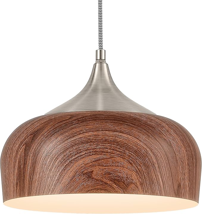 ELYONA Brushed Nickel Pendant Light Wooden Pattern Dome Pendant Light Fixture Nickel Metal Modern Adjustable Hanging Lighting for Kitchen Island Dining Room Office Hallway Foyer Bedroom, 12 Inch