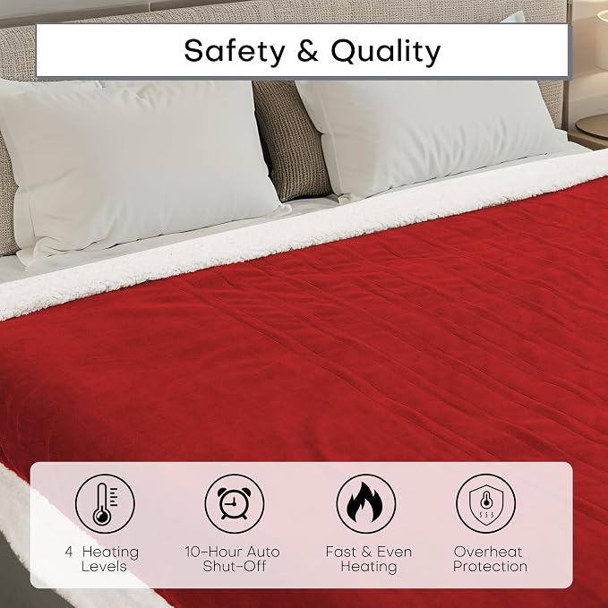 Electric Heated Blanket Twin Size 62"x84" – ETL Certified for Safe Overnight, 4 Heat Settings & 10H Auto Off, Dual-Sided Microplush Sherpa for Home Theater Night, Machine Washable – Red