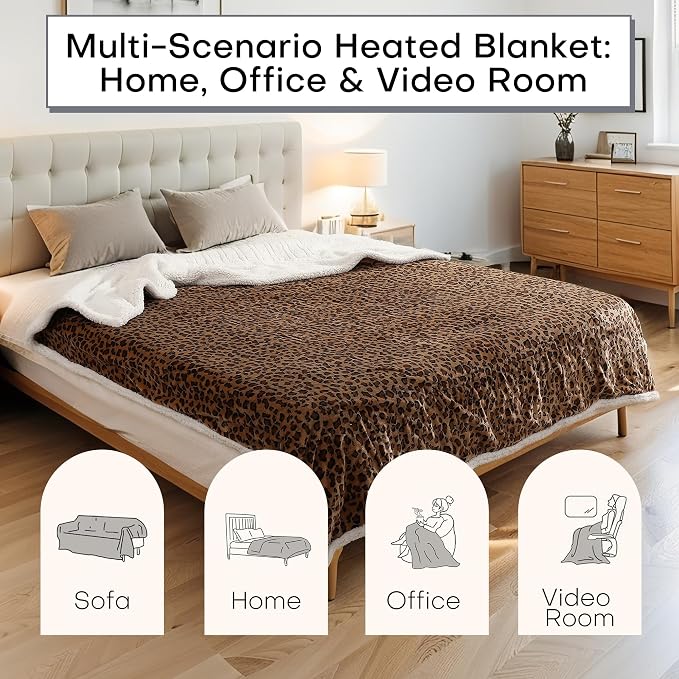 Electric Heated Blanket King Size 90"x100" - Dual-Sided with Flannel for Bedroom Couch Use, 4 Heat Settings & 10 Hours Auto Off, Machine Washable - Leopard Print