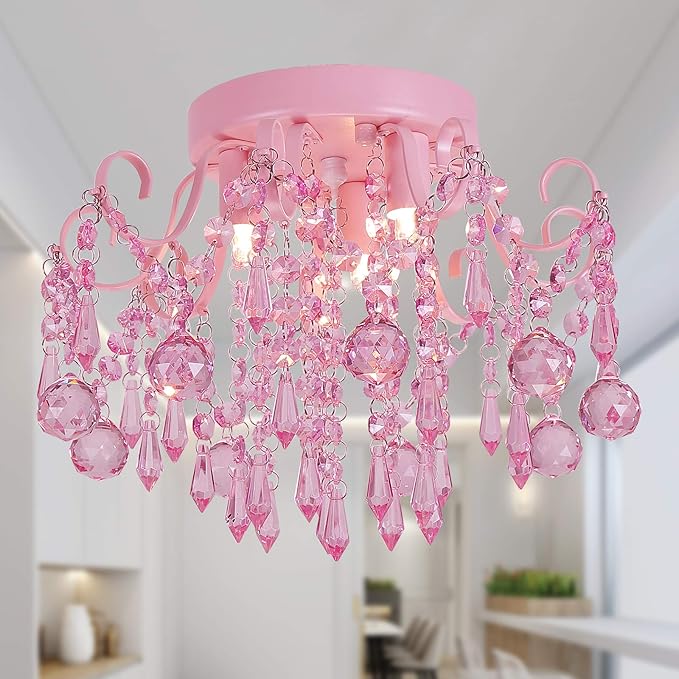 Q&S Mini Crystal Chandelier,Semi Flush Mount Pink Girl Chandelier, Small Crystal Ceiling Light Fixture Bedroom Bathroom Closet Nursery 3 Lights