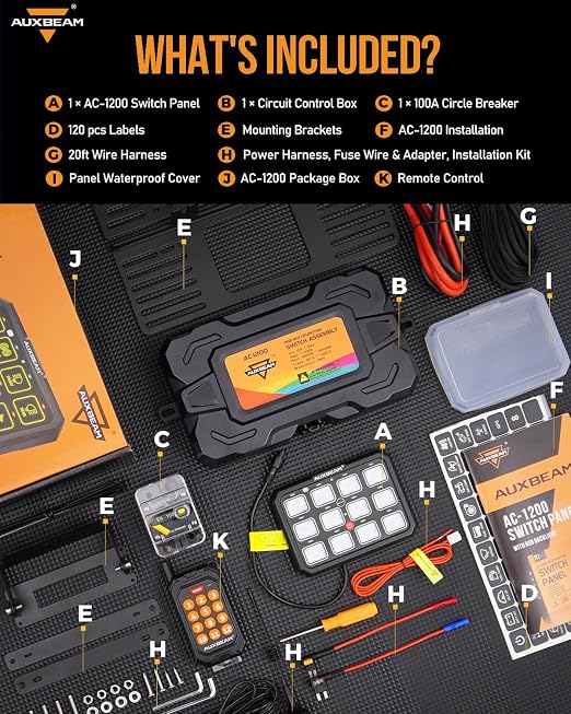 Auxbeam 12 Gang Switch Panel Bluetooth RGB AC-1200 with APP&Remote Control Toggle Momentary Pulsed Switch Pod Off Backlight for Truck Offroad 12-24V Waterproof 3 Years Warranty (Patent Registering)
