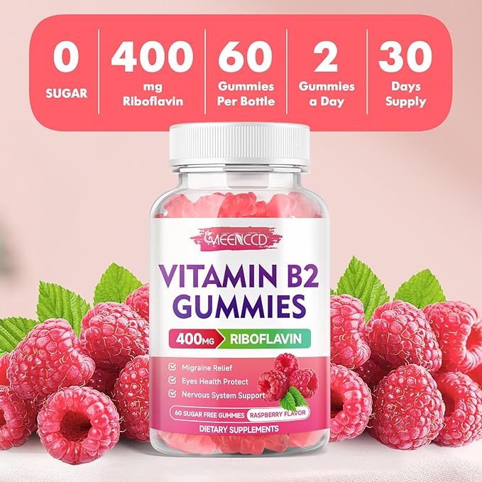 Gummies Vitamine B2 MEENCCD Riboflavine 400mg avec Magnésium pour Enfants et Adultes, Gummies B2 pour le Soulagement de la Migraine et le Soutien du Système Nerveux, Végétalien, Sans Sucre, Arôme Framboise, 60 Comprimés