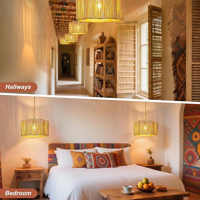 Hanging Lights with Plug in Cord Rattan Hanging Lamp Boho Ceiling Light Fixtures Farmhouse Pendant Lamp Shape for Living Room Bedroom Kitchen