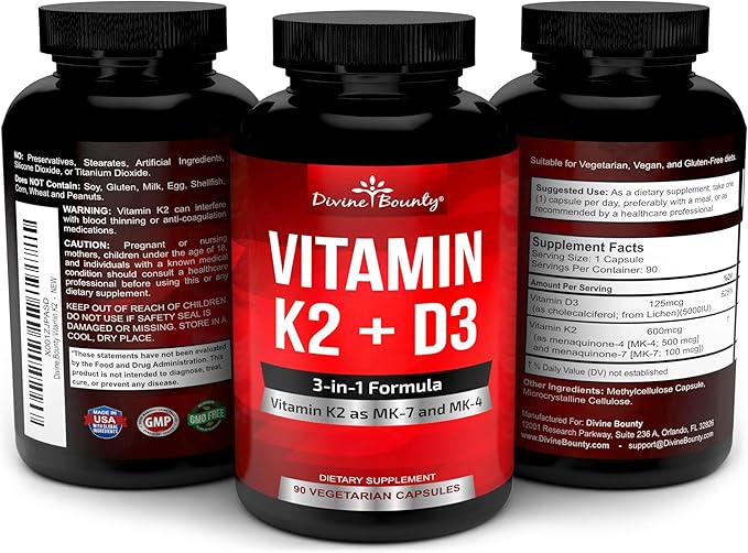 Divine Bounty Vitamin K2 (MK7 & MK4) with D3 Supplement - Vitamin K & D as MK-7 100mcg, MK-4 500mcg, and 5000 IU Vitamin D3 3-in-1 Formula - Bone and Heart Support - 90 Non-GMO Vegetarian Capsules