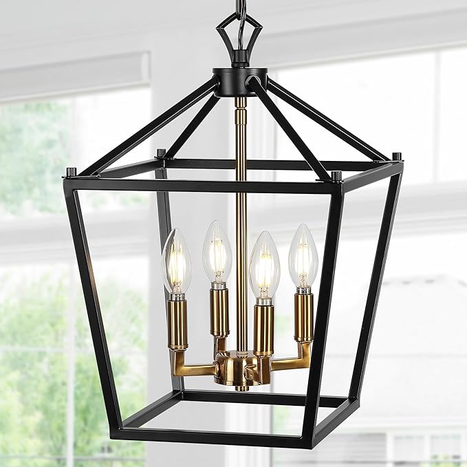 JONATHAN Y 12" Oil Rubbed Bronze/Brass Gold Lantern Pendant Light, 1-Light Pagoda Style Metal Cage Farmhouse Hanging Ceiling Fixture for Kitchen Island, LED Bulb Included (JYL7436D)