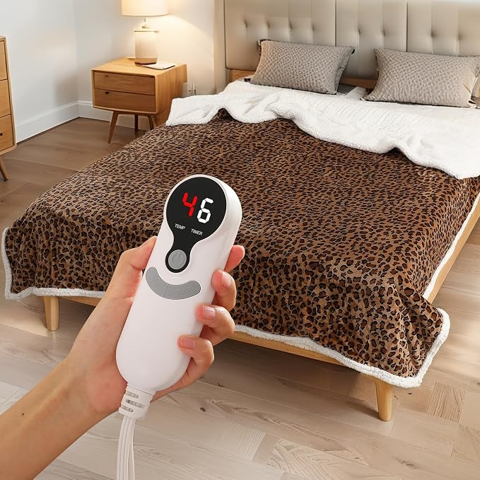 LUXIAN Electric Heated Blanket Queen Size 84"x90" - Microplush & Sherpa Fabric Dual-Sided, 9 Heat Settings & 10 Hours Auto Off, Cozy Warming Throw for Office or Bed, Machine Washable, Leopard Print