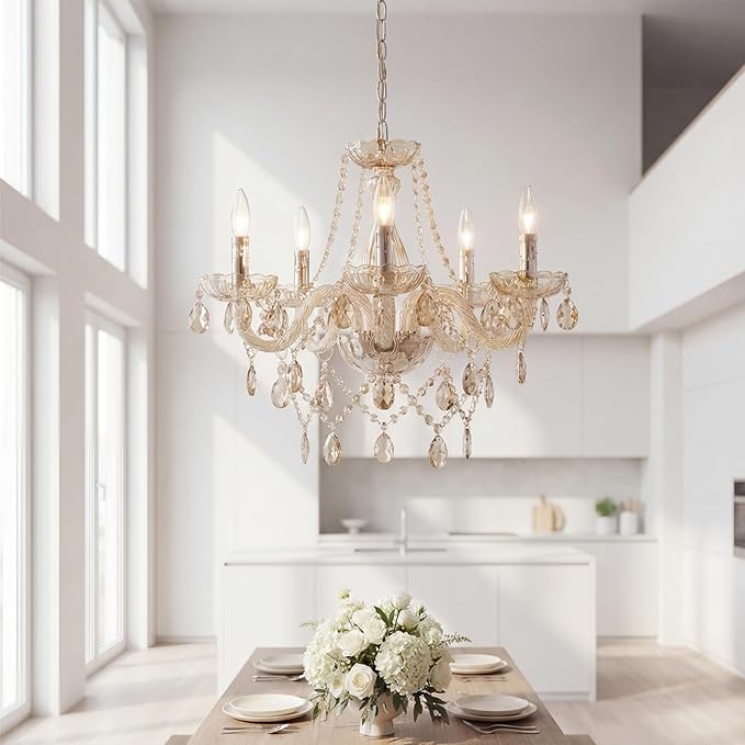 Saint Mossi 5 Light Modern K9 Crystal Chandelier for Dining Room, Pendant Ceiling Lighting Fixture for Bedroom, Living Room, Champagne Crystal