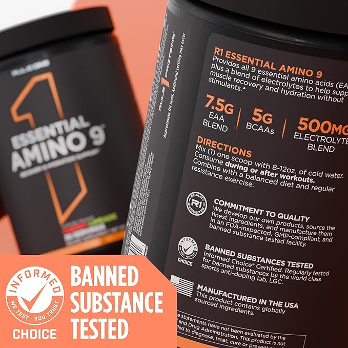 Rule 1 Proteins Essential Amino 9 – Recovery & Hydration Support with 7.5g of Essential Amino Acids + Electrolytes (30 Servings, Fruit Punch)