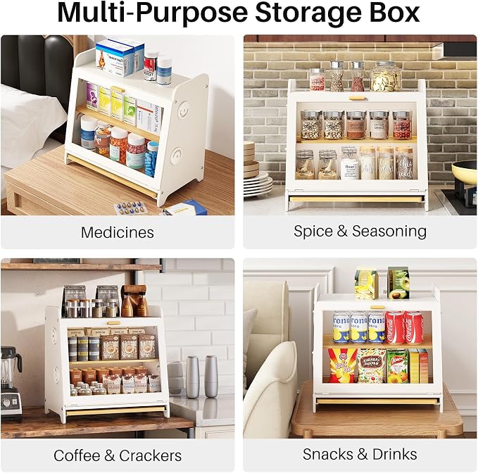 SNTD Bread Box for Kitchen Countertop, Airtight Homemade Bread Storage Container with Adjustable Vent Holes, Bamboo Cutting Board (White, L)