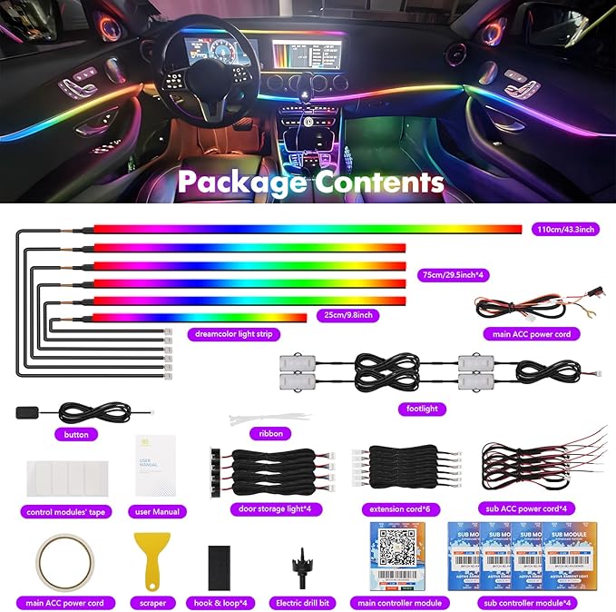 Dreamcolor Acrylic Car Ambient Lighting Kit 14 in 1 LED Interior Car Strip Lights APP Control Zoned Control System 252 Color Modes DIY Neon Wireless Sound Activated RGB Neon Light Kits New Version