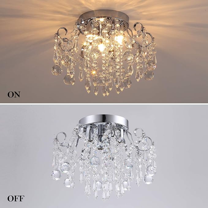 Q&S Small Crystal Chandelier Flush Mount Ceiling Light 3 Lights Modern Chrome Iron Raindrop Crystal Ceiling Fixture for Bedroom Hallway Closet Entryway Stairs