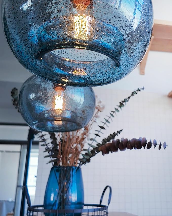CASAMOTION Hand Blown Glass Pendant Lights Kitchen Island Marble Blue Color Modern Rustic Style Ceiling Hanging Light Fixtures Dining Room Brushed Nickel 8.7 Inch Diameter 2 Pack