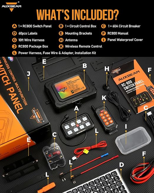 Auxbeam 8 Gang Switch Panel RC-800 RGB Wireless Remote Control Range Up to 165FT Multifunction Switch Pod 3 lighting modes with Backlit Off and Auto Dimmable for RV Offroad Waterproof 3 Years Warranty