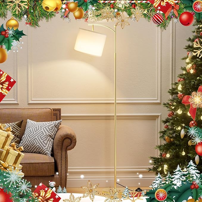 Ambimall 60" Gold Floor Lamp with Remote Control and Stepless Dimmable Bulb, Colors Temperature & Brightness Adjustable, Modern Floor Lamps for Living Room, White Shade & Gold Pole