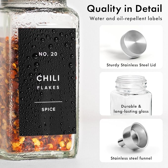 EDELHAUS Glass Spice Jars with Label and Stainless Steel Lids (24 x 4oz) Spice Containers with 240 Labels, Shaker Inserts, Steel Funnel, Empty Square Seasoning Organizer for Spice Rack Cabinet Drawer