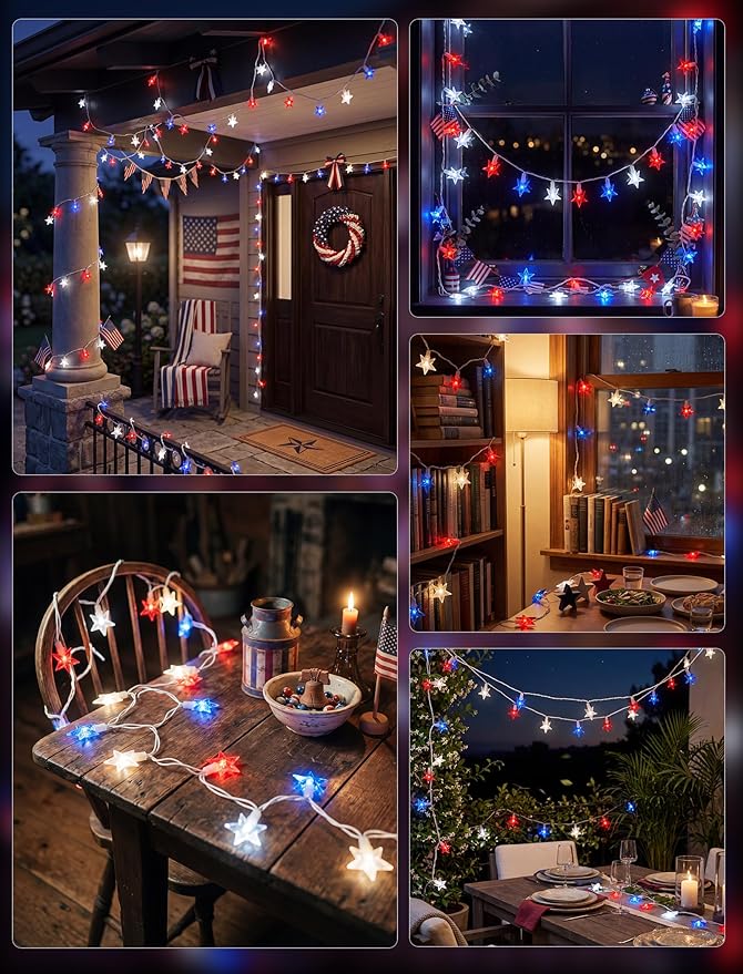 13.6Ft Red White and Blue Star String Lights, 35 LED Patriotic Lights for Flag Day 4th of July Decorations, Waterproof Plug in Fairy Lights for Indoor Outdoor Fence Backyard Patio Independence Day