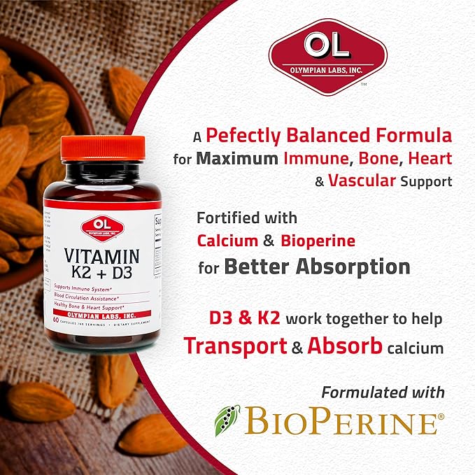 Olympian Labs Vitamine K2 + D3, 60 portions, Soutien du système immunitaire, des os et du cœur, 60 capsules végétaliennes (Lot de 2)