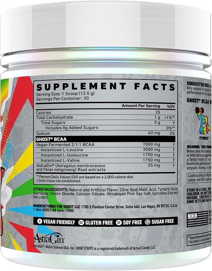GHOST BCAA Powder Amino Acids Supplement, Sour Strips - 30 Servings - Sugar-Free Intra, Post & Pre Workout Amino Powder & Recovery Drink, 7G BCAA