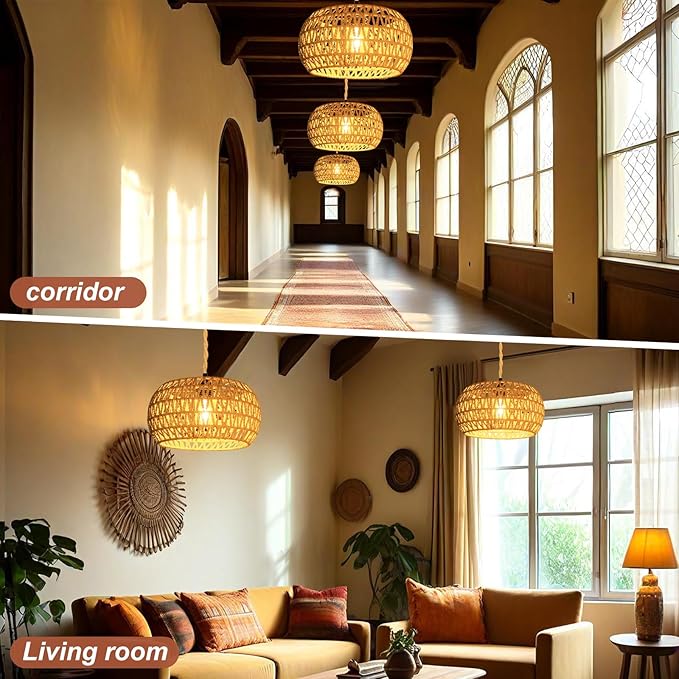 Hanging Lights with Plug in Cord Rattan Hanging Lamp Boho Ceiling Light Fixtures Farmhouse Pendant Lamp Shape for Living Room Bedroom Kitchen