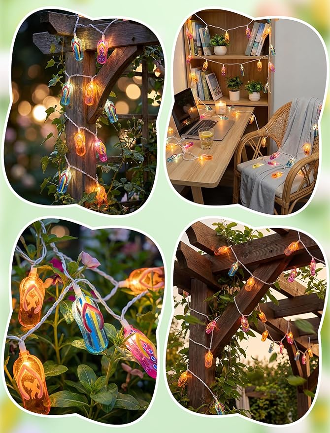 Summer Beach Flip Flop String Lights Plug in, 8.5FT Outdoor Hawaiian Tropical Themed Decoration Lights with 10 LED Multicolor Beach Slipper Lights for Patio Party Birthday Home Window Tent Home Decor