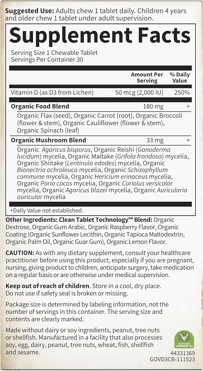 Garden of Life Organics Vitamine D3 Végétalienne Mâchable - Framboise Citron, 2 000 UI (50 µg) Vitamine D3 Alimentaire Complète issue du Lichen Plus Mélange de Superaliments & Champignons, Sans Gluten, 30 Comprimés à Croquer