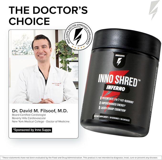 Inno Shred Inferno Thermogenic Fat Burner for Men & Women - Appetite Suppressant, Energy & Metabolism Support with MitoBurn, Paradoxine, Chromax, Green Tea - 60 Capsules, 30 Servings