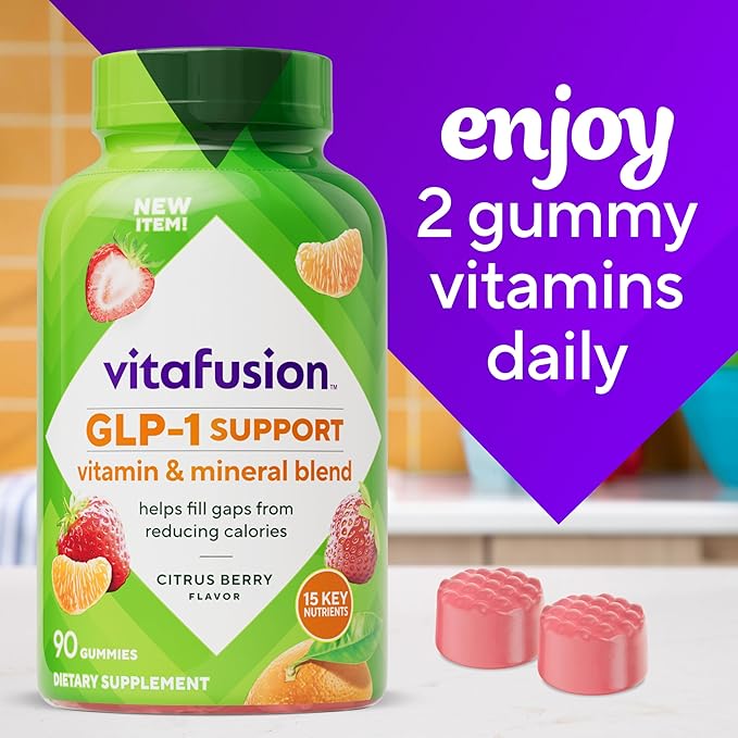 vitafusion Soutien GLP-1 Multivitamine, Mélange de vitamines et de minéraux, 15 nutriments essentiels, Saveur agrumes et baies, 90 unités, Approvisionnement de 45 jours