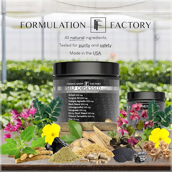 Formulation Factory Self Obsessed Masculine Vitality & Testosterone Support - 10-in-1 Complex with Shilajit, Tongkat Ali, & Fadogia Agrestis - 180 Capsules, 3 Month Supply