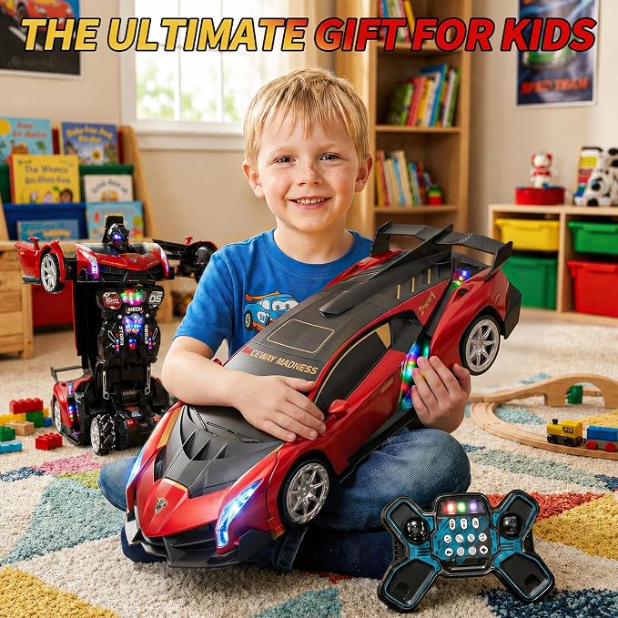 1:10 Big Size Transform RC Car, Gesture Sensing Transformation 2.4GHz Remote Control Car, One Button Deformation to Robot with Lights, Transforming Toy Cars Gift for Kids Age 8-12 Years Old Boys(Red)