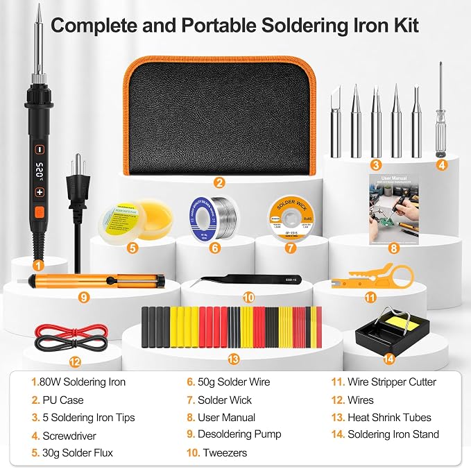 Soldering Iron Kit 80W LED 356-968℉ Soldering Iron 10s Fast Heating 18-in-1 Welding Tools for Electronics Repair DIY, PCB with Flux, Solder Wire, 5 Replaceable Tips, Desoldering Pump, Stand, Tweezers