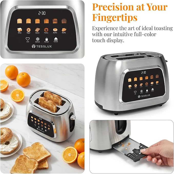 Tesslux 2 Slice Toaster with Touch Screen Control, 1.5" Wide Long Slots, 6 Browning Levels & 6 Bread Types, Digital Timer, Memory, Defrost, Reheat (Silver, 2 Slice)