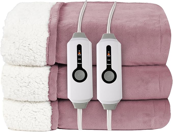 Electric Heated Blanket Queen Size 84"x90", Dual-Sided Coral Fleece & Sherpa Fabric, 4 Heat Settings & 10H Auto Off, Soft Warm for Home, Office, Bed, Couch, Machine Washable, Dual Control, Berry Shade