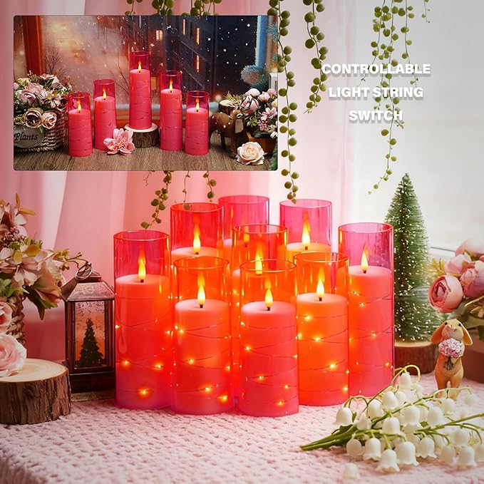 kakoya Flameless LED Candles with Timer 9 Pc Flickering Flameless Candles for Romantic Ambiance and Home Decoration Stable Acrylic Shell,with Embedded Star String,Battery Operated Candles(Pink)